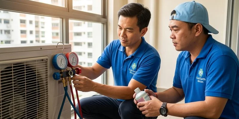 Cool Earth Aircon technician connecting calibrated refrigerant gauges to outdoor unit for gas top-up in Singapore