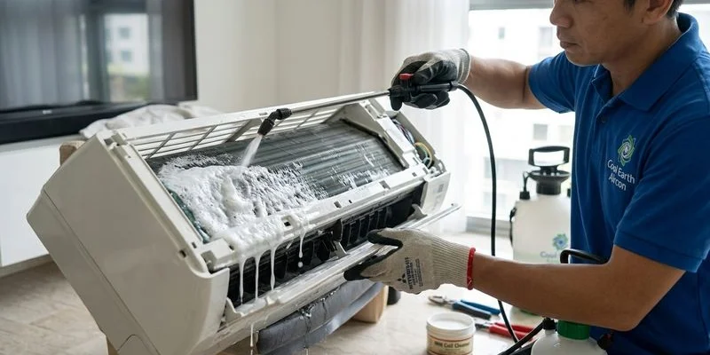 Chemical wash on Mitsubishi Heavy Industries SRK indoor unit evaporator coil in Singapore condo