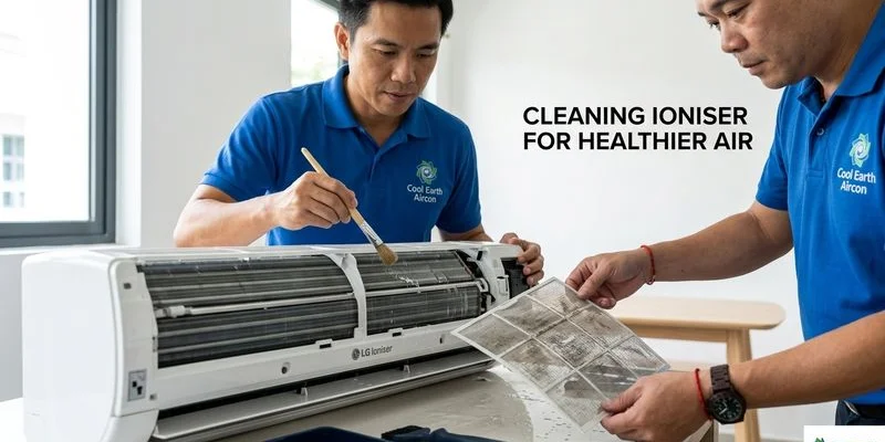 LG aircon ioniser and filter cleaning during professional servicing in Singapore HDB flat