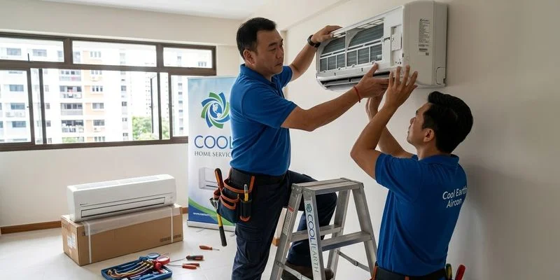 Cool Earth Aircon technician mounting a Daikin wall unit on bracket in Singapore HDB flat