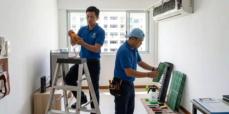Cool Earth Aircon technician performing aircon maintenance in a Singapore HDB flat using professional cleaning tools
