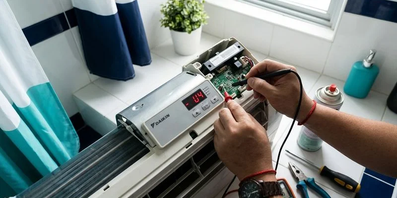 Daikin aircon display panel showing U4 error code during diagnostic check in Singapore