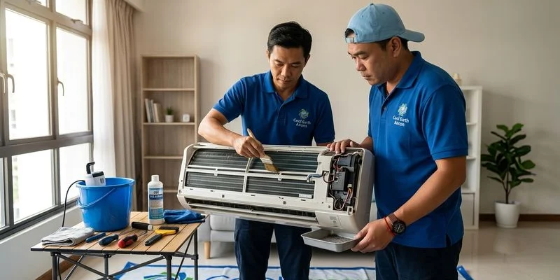Cool Earth Aircon technician servicing a Daikin iSmile wall-mounted unit in a Singapore HDB flat