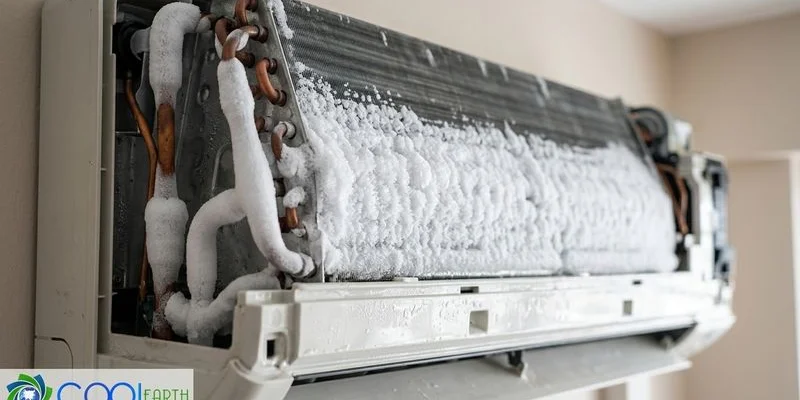 Cool Earth Aircon technician diagnosing frozen evaporator coil with ice buildup causing water leak