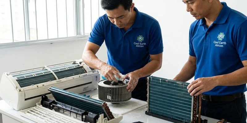 Dismantled Daikin aircon components during chemical overhaul showing fan motor and coils cleaned separately