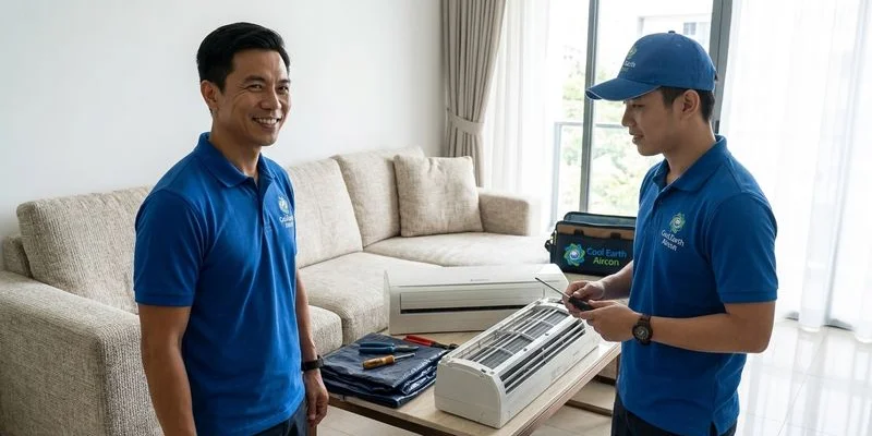 Cool Earth Aircon technician servicing Mitsubishi Electric Starmex wall unit in Singapore HDB living room