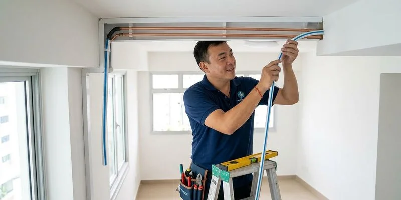 Neat copper piping and white trunking installed along ceiling in Singapore condo aircon installation
