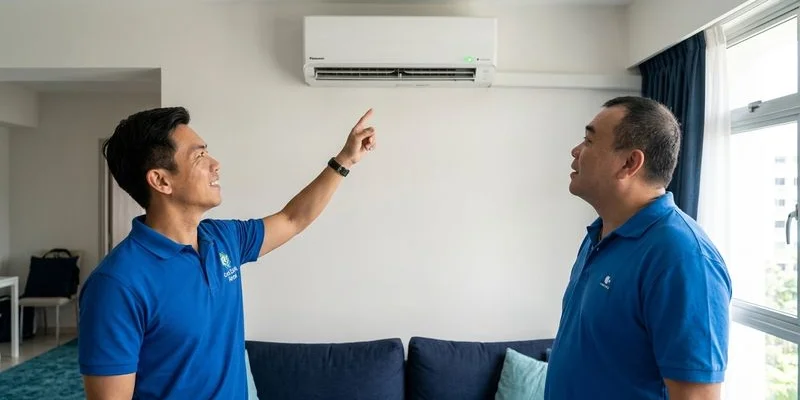 Cool Earth Aircon technician servicing Panasonic nanoe wall unit in Singapore HDB flat