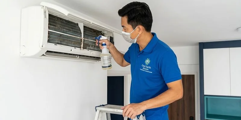 Cool Earth Aircon technician applying chemical wash solution to soiled evaporator coils in Singapore HDB flat