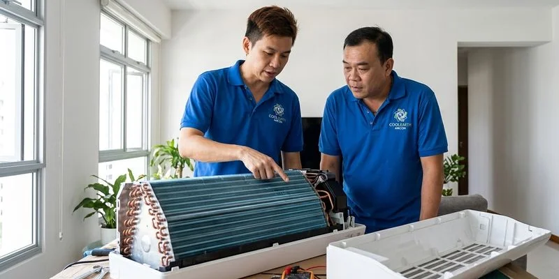 Samsung Triangle design evaporator coil during chemical wash service in Singapore