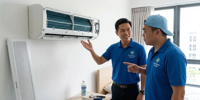 Cool Earth Aircon technician servicing a Samsung Wind-Free aircon unit in a Singapore HDB bedroom