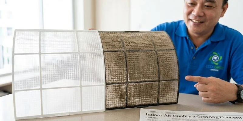 Clean versus dirty clogged aircon filter showing dust buildup that restricts airflow in Singapore homes