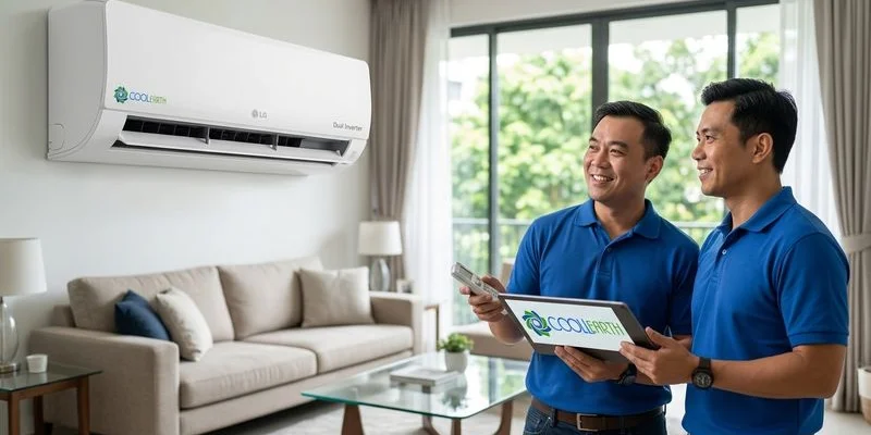 Cool Earth technician servicing LG Dual Inverter aircon wall unit in Singapore condo