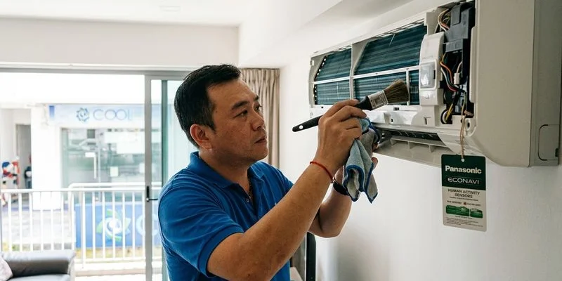 Technician cleaning Panasonic ECONAVI sensor panel during quarterly aircon servicing in Singapore