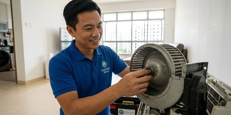 Technician inspecting Fujitsu aircon blower wheel bearing during servicing in Singapore HDB flat
