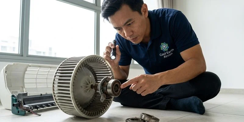 Cool Earth Aircon technician inspecting blower wheel and fan motor for bearing wear in Singapore