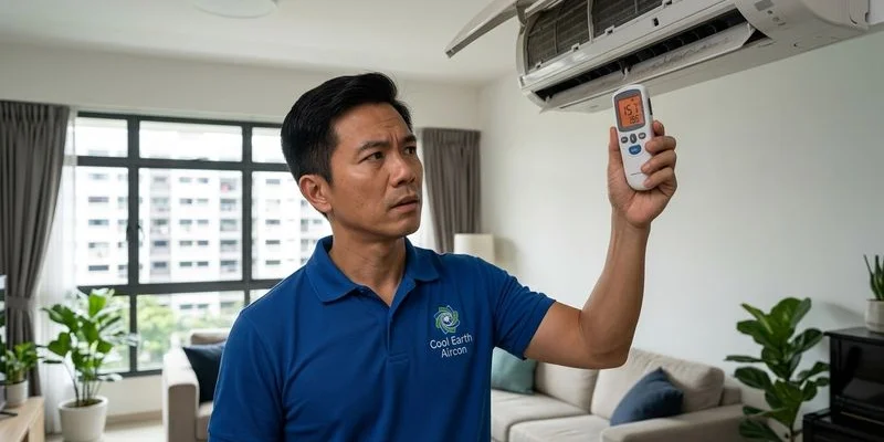 Cool Earth Aircon technician measuring aircon supply temperature with digital thermometer in Singapore HDB flat