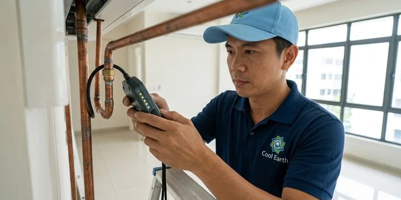 Technician using electronic leak detector on aircon piping joints at HDB flat in Singapore