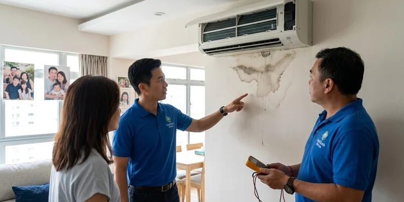 Water stain on painted wall below a leaking aircon unit in a Singapore HDB flat