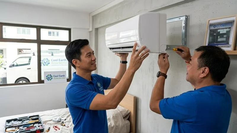 Aircon installation team mounting a new indoor unit on a wall bracket in a Singapore HDB bedroom