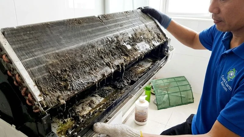 Close-up of dirty aircon evaporator coils covered in mould and grime needing chemical wash