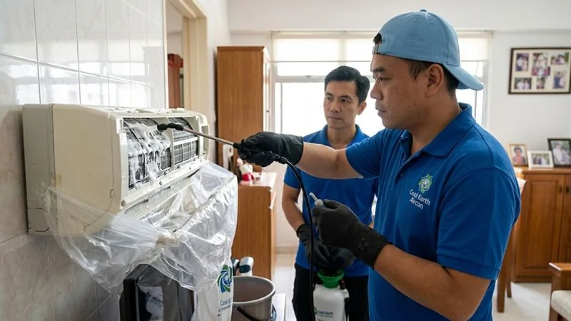 Professional technician wearing protective gloves performing a safe aircon chemical wash in a family home