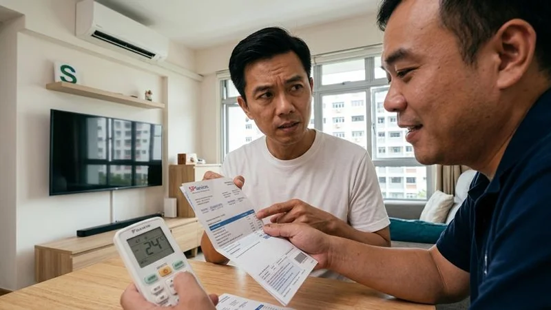 Singapore homeowner checking an electricity bill while holding an aircon remote set to 24 degrees