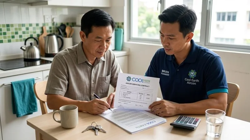 Singapore homeowner reviewing an aircon servicing contract with a technician at the kitchen table