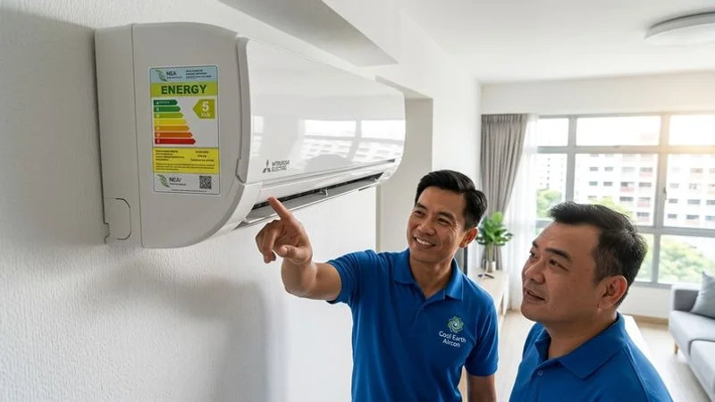 Singapore NEA energy label showing a 5-tick rating on a display model aircon unit in a showroom