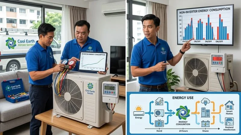 Split image comparing inverter and non-inverter aircon compressor technology with energy efficiency graphs